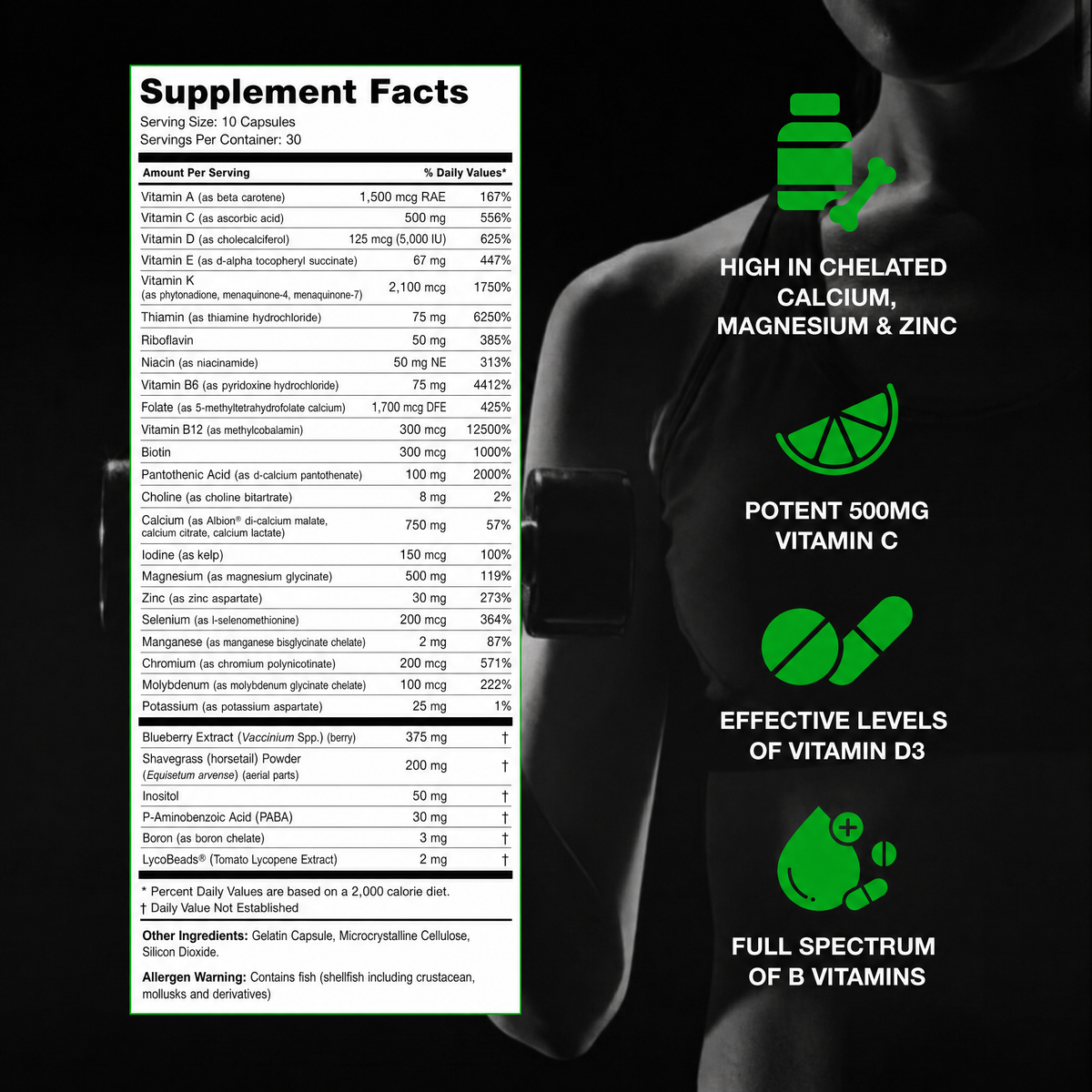 V-Mineralyze Supplement Facts: serving size 10 capsules, 30 servings per bottle, nutrient amounts, other ingredients, and allergen warning